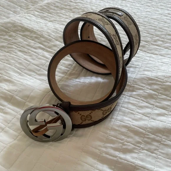 ❌SOLD❌💯Authentic Gucci Canvas Leather Silver Interlocking Buckle belt size 38 - Picture 13 of 15